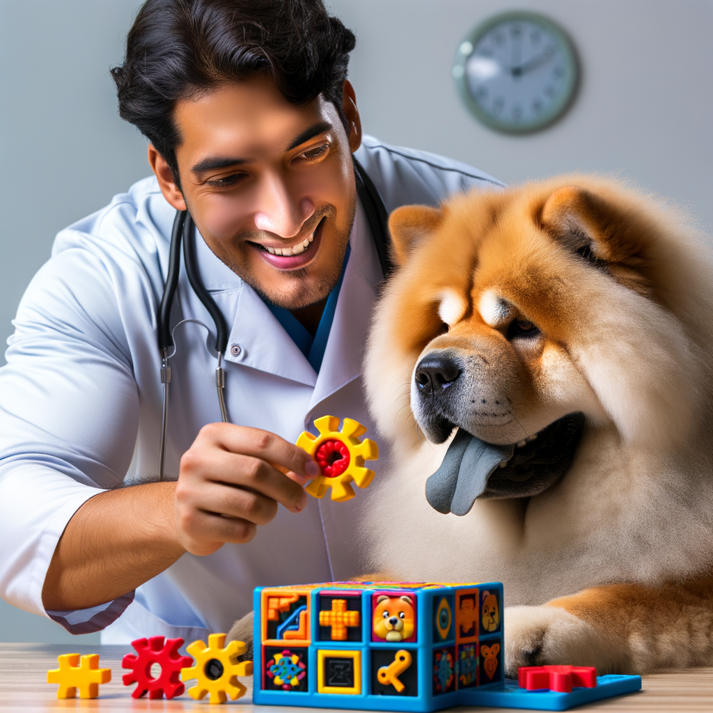 Professional trainer using mental stimulation techniques for Chow Chows, emphasizing the importance of mental exercise for the breed's health and showcasing brain games for improving Chow Chow's mental health.