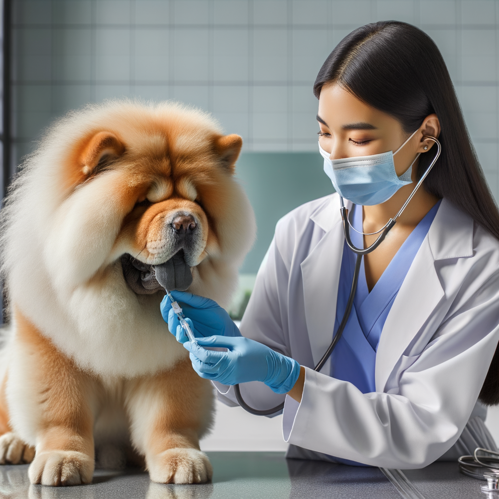 Veterinarian performing regular vet checkup on Chow Chow, highlighting the importance of preventive vet care for Chow Chow health issues and benefits of regular veterinary visits for dog health.