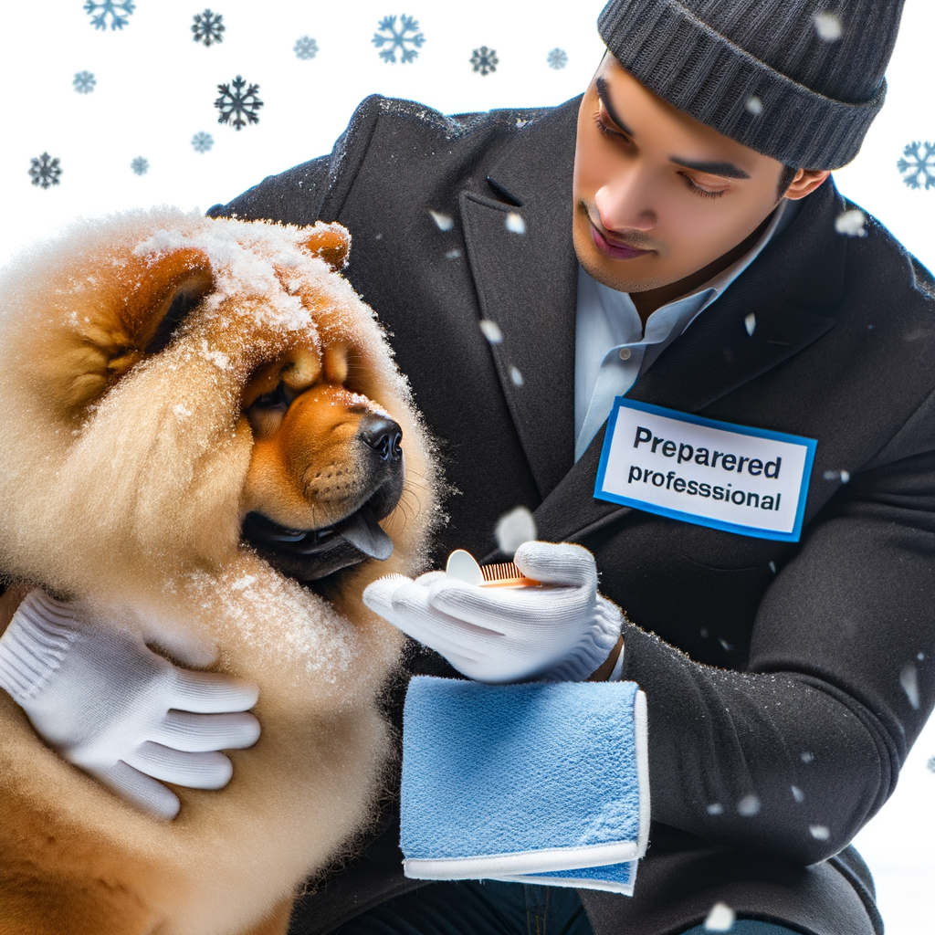 Chow Chow owner preparing their fluffy dog for its first snow experience, demonstrating winter care and snow preparation tips for Chow Chow owners