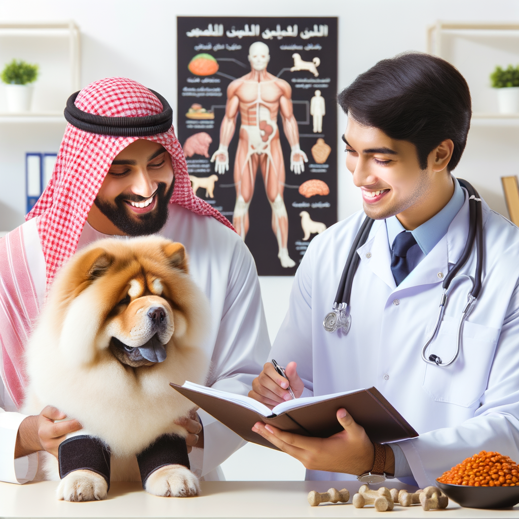 Veterinarian providing Chow Chow health tips and demonstrating exercise tips for maintaining Chow Chow health, with a happy owner, Chow Chow care guide, and healthy diet for Chow Chow in the background.