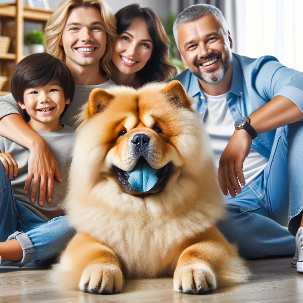 Happy Chow Chow dog breed with unique characteristics like a lion-like mane and blue-black tongue enjoying time with family, illustrating the benefits of owning a Chow Chow and essential aspects of Chow Chow pet care.