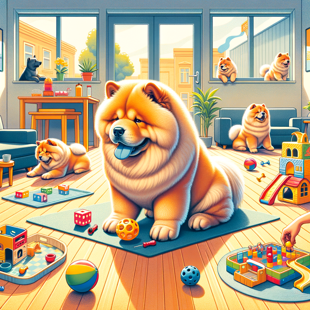 Chow Chow dog enjoying indoor games at home, showcasing fun activities like puzzle toys, ball chasing, and tug of war for Chow Chow playtime and entertainment indoors.
