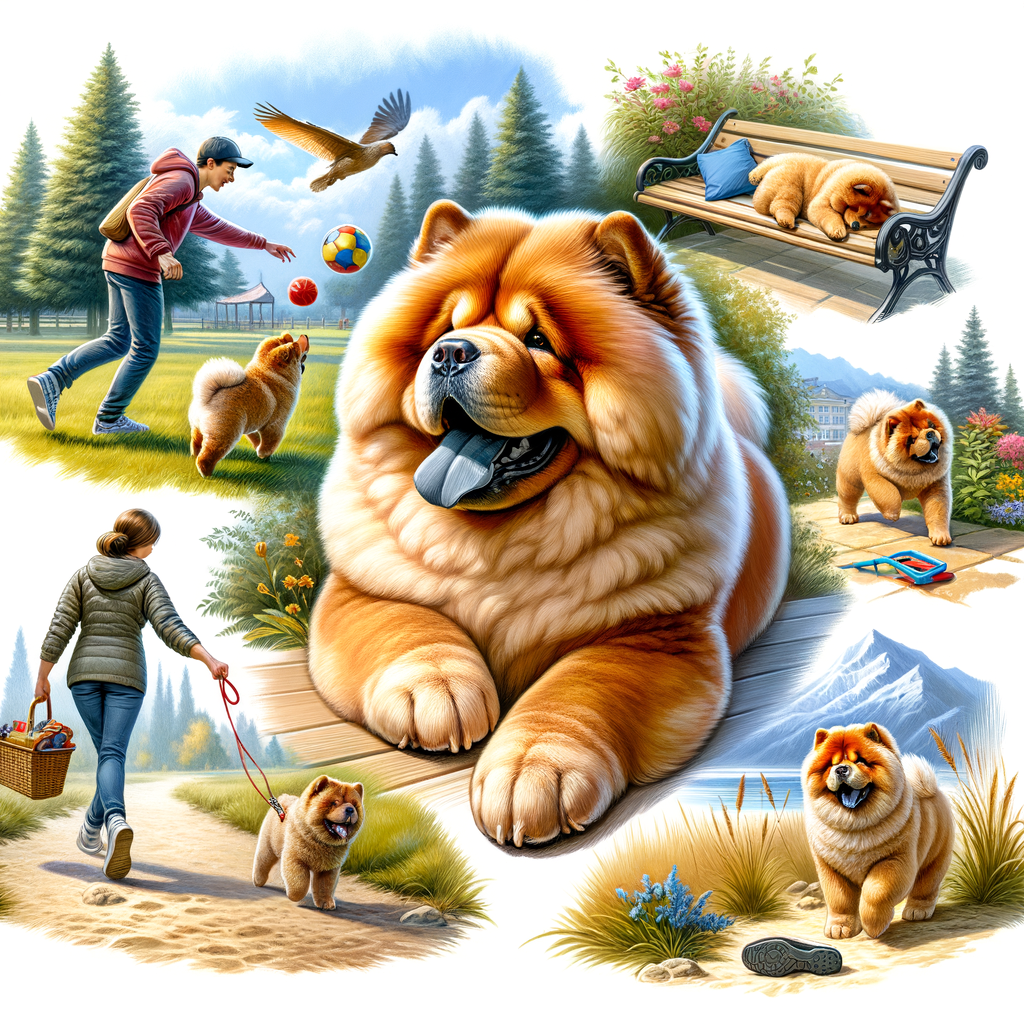 Joyful Chow Chow dog enjoying fun outdoor activities like fetch, running, and hiking, showcasing exciting Chow Chow outdoor play and exercise ideas.