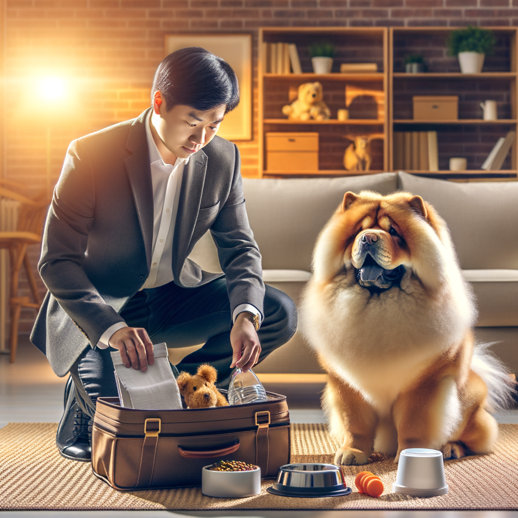 Chow Chow owner meticulously preparing travel essentials like leash, food, and toys, demonstrating practical Chow Chow travel tips and advice from a Chow Chow travel guide for a stress-free journey with pets.