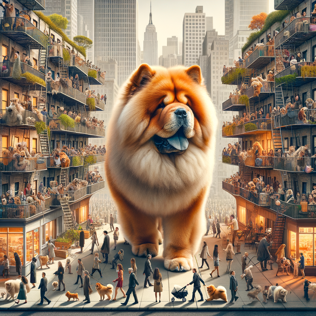 Chow Chow dog adapting to city life, showcasing challenges and adaptations of raising this breed in urban areas like crowded parks and small apartments.
