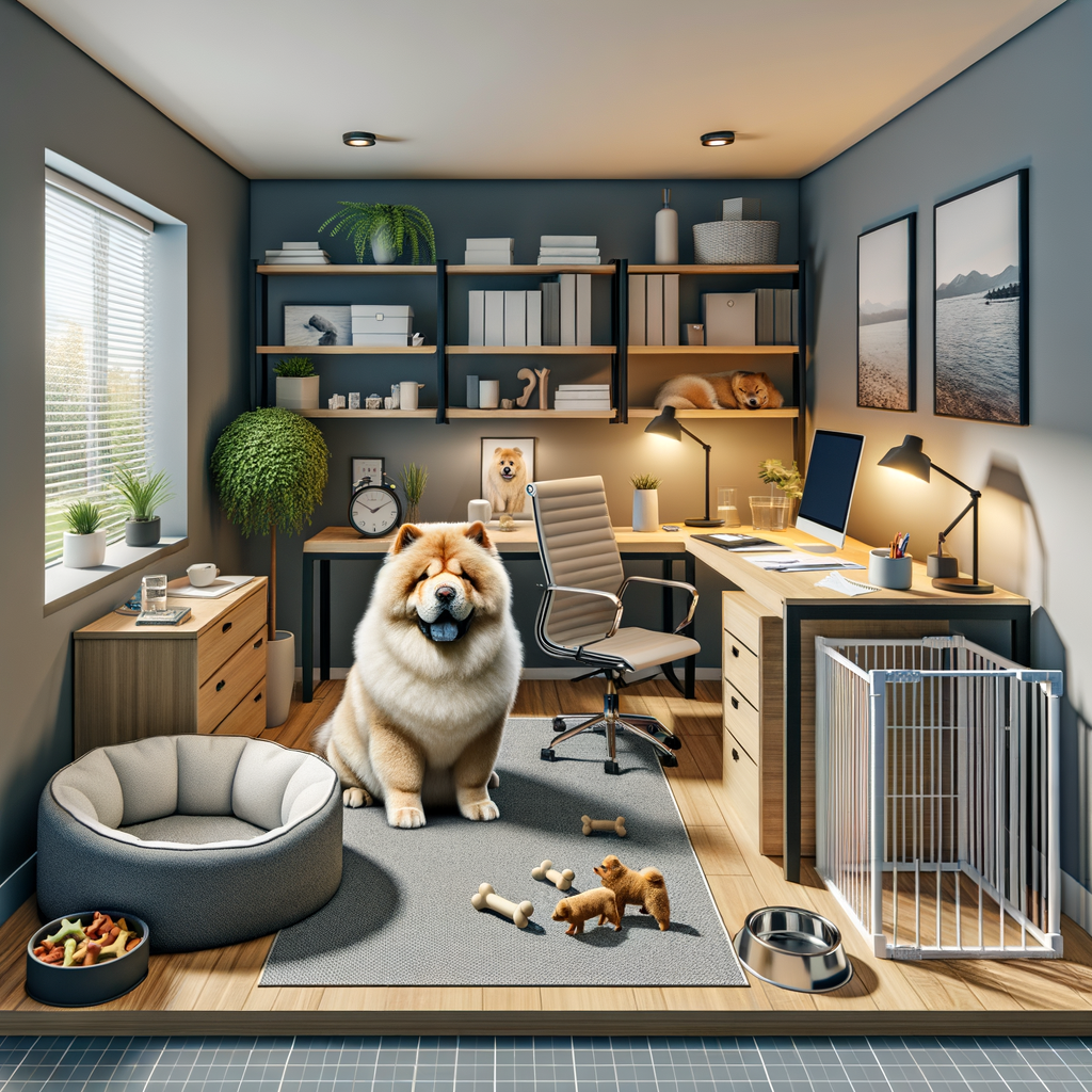 Chow Chow-friendly home office setup featuring a spacious desk, ergonomic chair, pet bed, chew toys, and safety gate, illustrating home office ideas for Chow Chow owners.