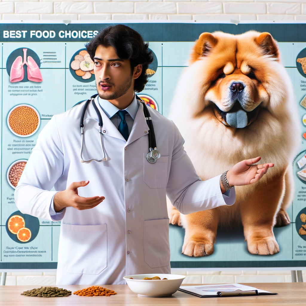 Veterinarian presenting on Chow Chow diet and food requirements, with a table guide on the best food for Chow Chow and an infographic on Chow Chow nutrition and dietary needs.