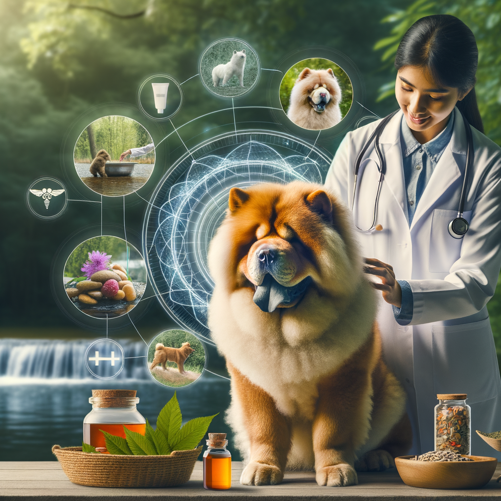 Veterinarian providing holistic pet care and natural remedies for Chow Chow health issues, focusing on Chow Chow diet and nutrition, wellness, and holistic dog health in a natural setting.