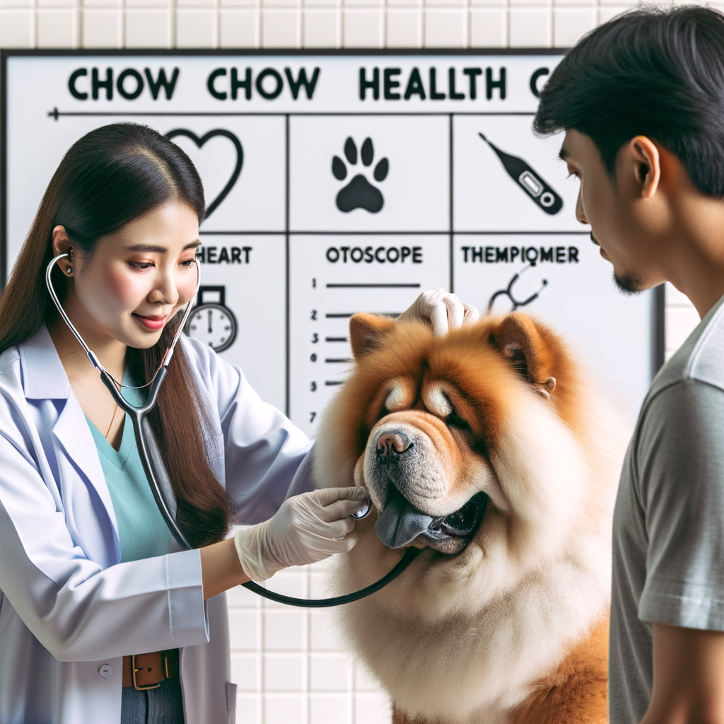 Veterinarian conducting a Chow Chow health check with owner observing, highlighting essential health tests and common Chow Chow health issues for a comprehensive Chow Chow owner guide on Chow Chow health care.