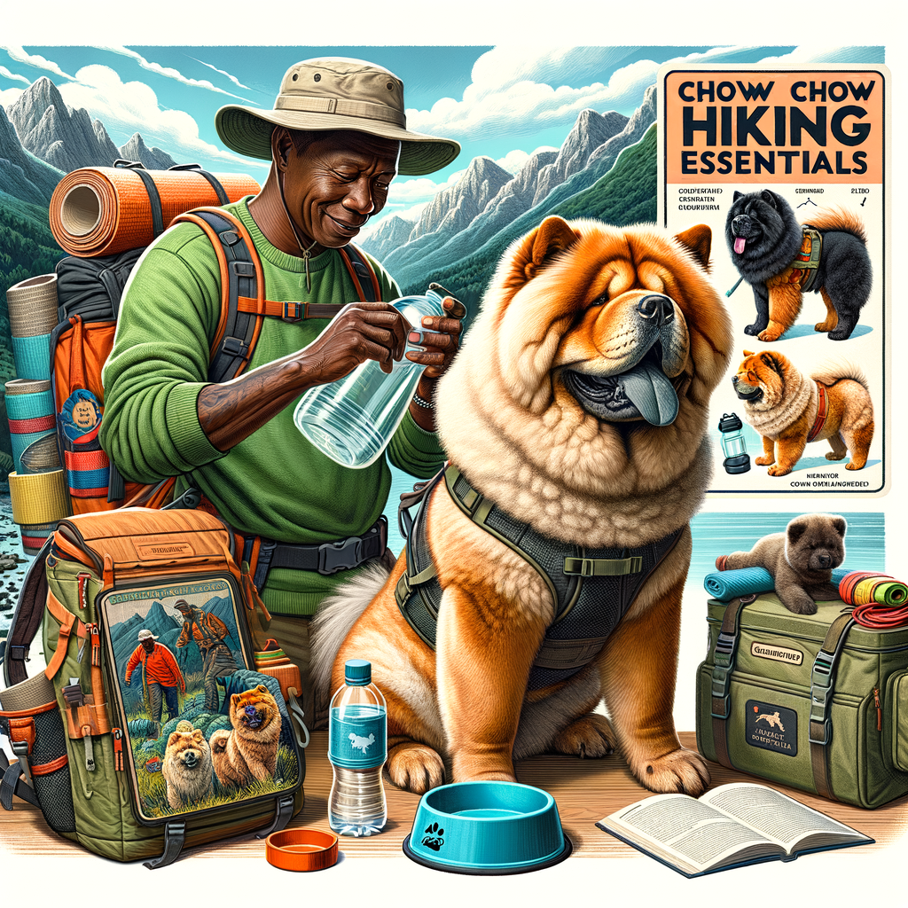 Professional hiker preparing for first hiking trip with Chow Chow, packing dog-friendly hiking gear and training the dog using 'Chow Chow Hiking Essentials' guidebook for hiking safety and outdoor activities preparation.