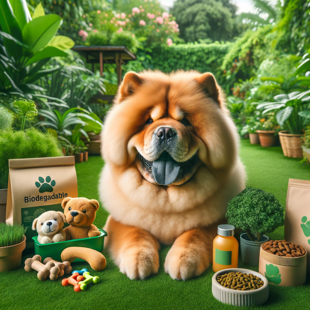 Chow Chow dog enjoying eco-friendly care in a green garden with sustainable pet products, illustrating sustainable living and green lifestyle for Chow Chow owners