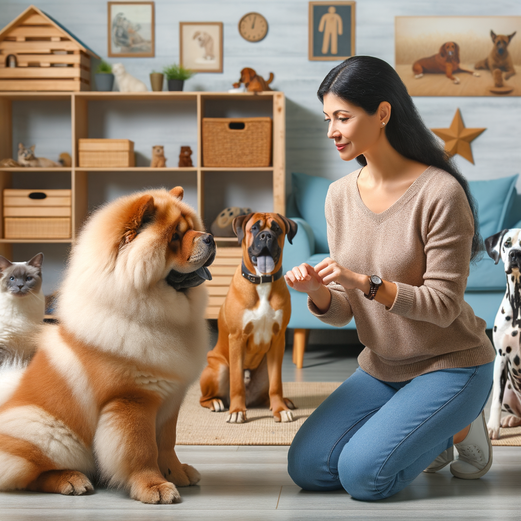Professional dog trainer demonstrating Chow Chow training techniques in a multi-pet household, emphasizing Chow Chow behavior, socialization tips, and pet integration for a harmonious multi-dog home.