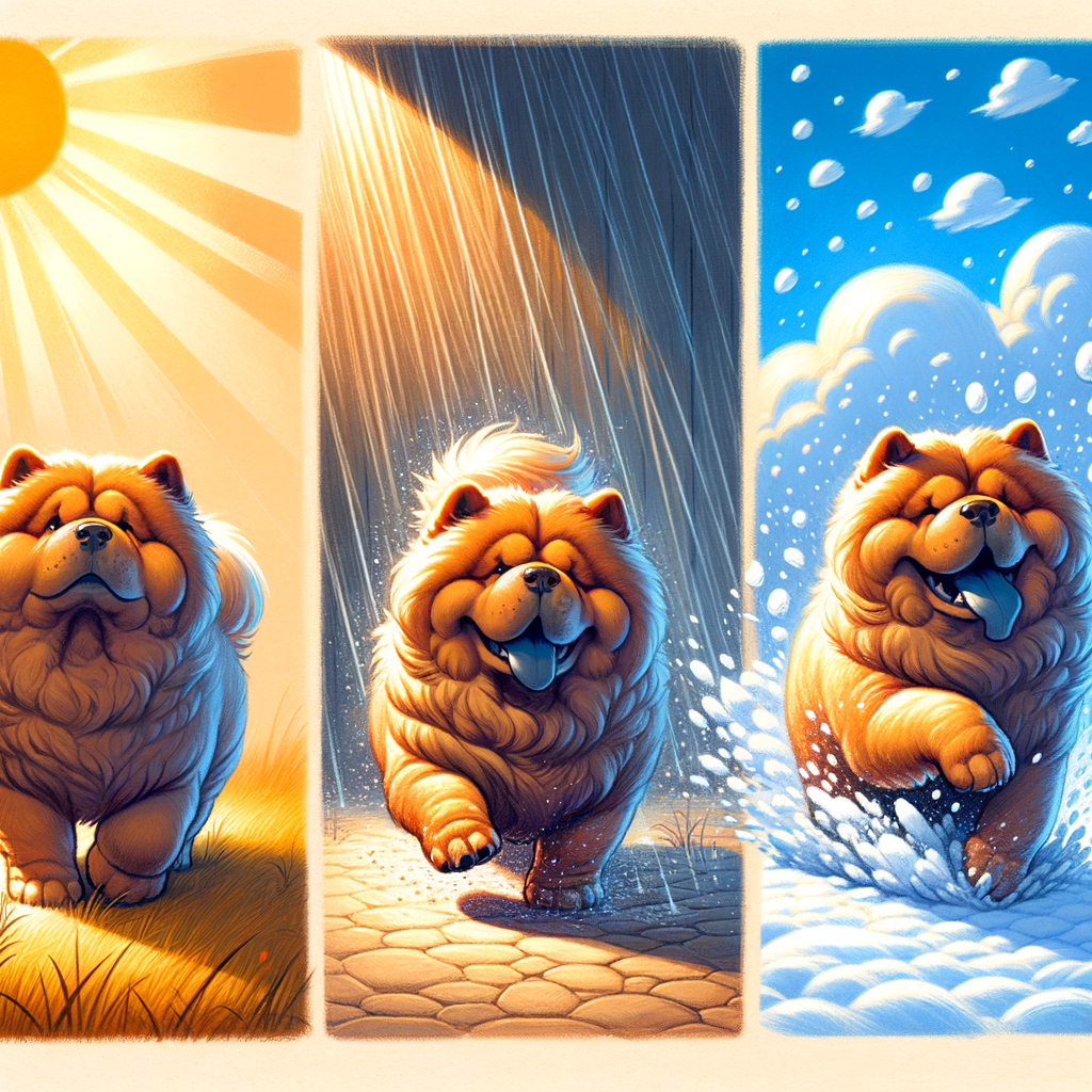 Chow Chow dog exhibiting behavior changes in sunny, rainy, and snowy weather, highlighting the impact of weather on its mood and reactions, demonstrating Chow Chow's weather sensitivity and the influence of weather on dog behavior.