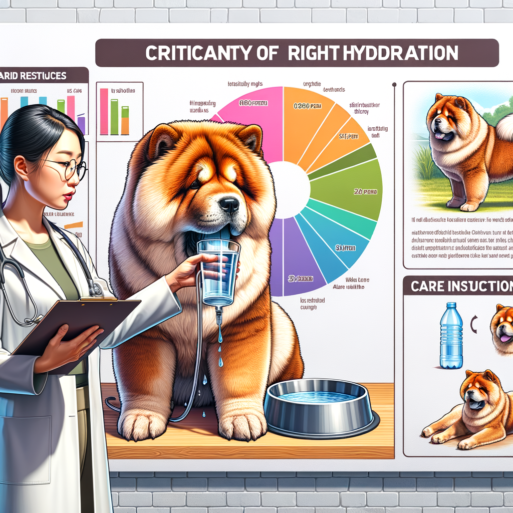 Veterinarian explaining Chow Chow hydration needs with a detailed water intake chart, a Chow Chow demonstrating healthy drinking habits, and care tips for maintaining Chow Chow health through proper hydration.