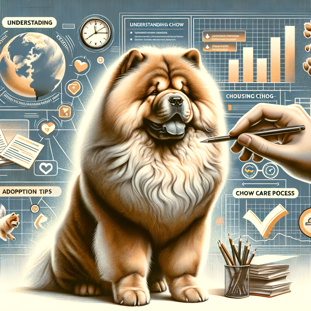 Chow Chow adoption guide illustration highlighting practical tips, understanding Chow Chow behavior, and preparation process for new Chow Chow owners navigating dog adoption