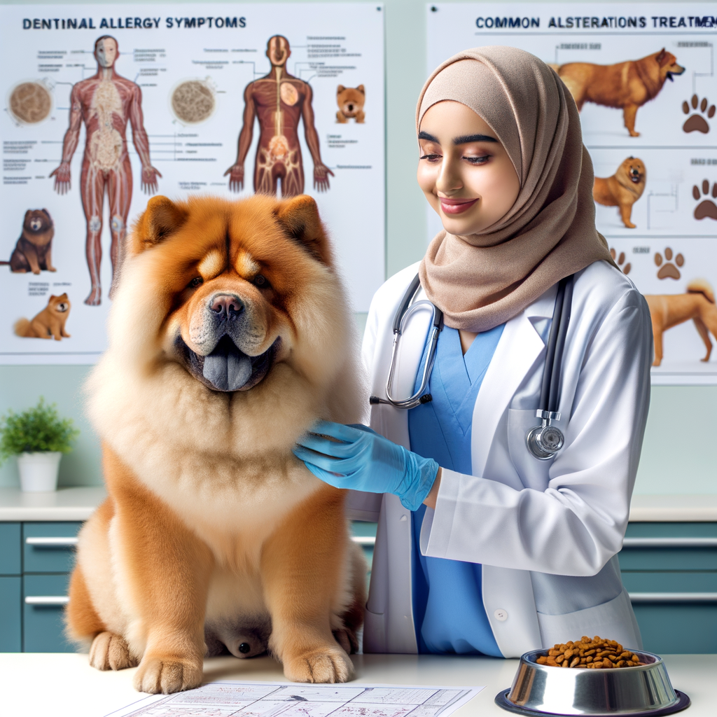 Veterinarian examining Chow Chow for allergies and sensitivities, with charts of common symptoms and treatments, highlighting understanding and management of Chow Chow breed allergies and food sensitivities.