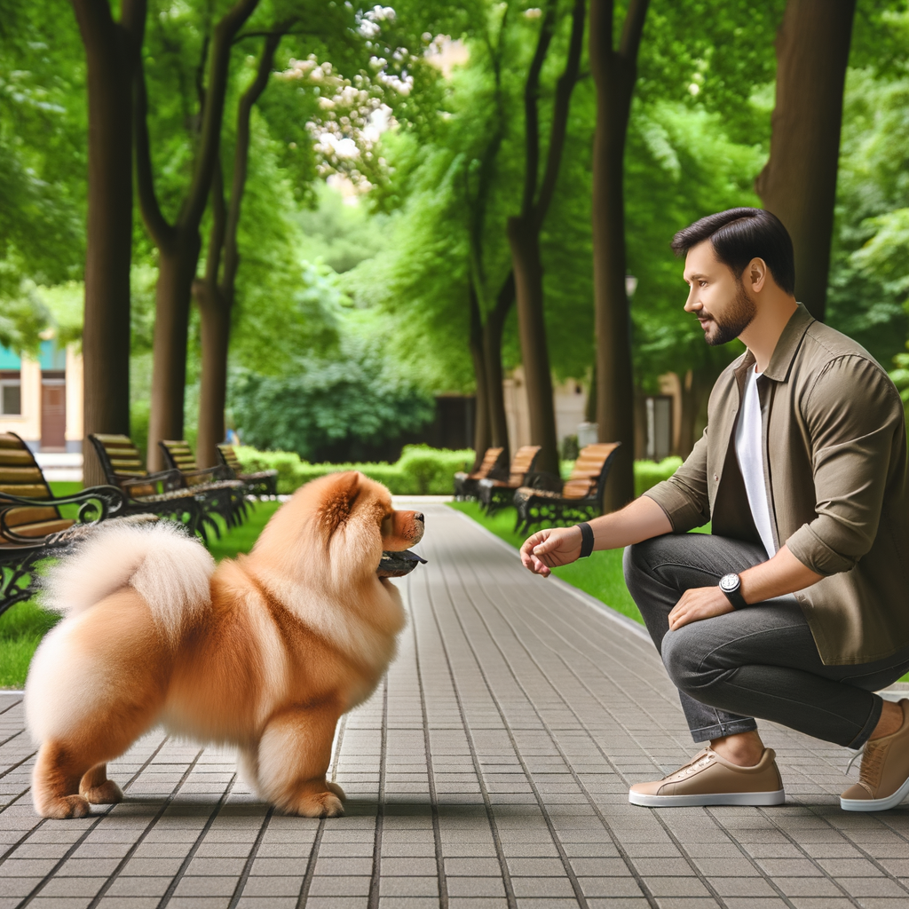 Professional dog trainer using effective Chow Chow recall strategies and advanced training techniques in a park, demonstrating Chow Chow obedience and behavior training success.