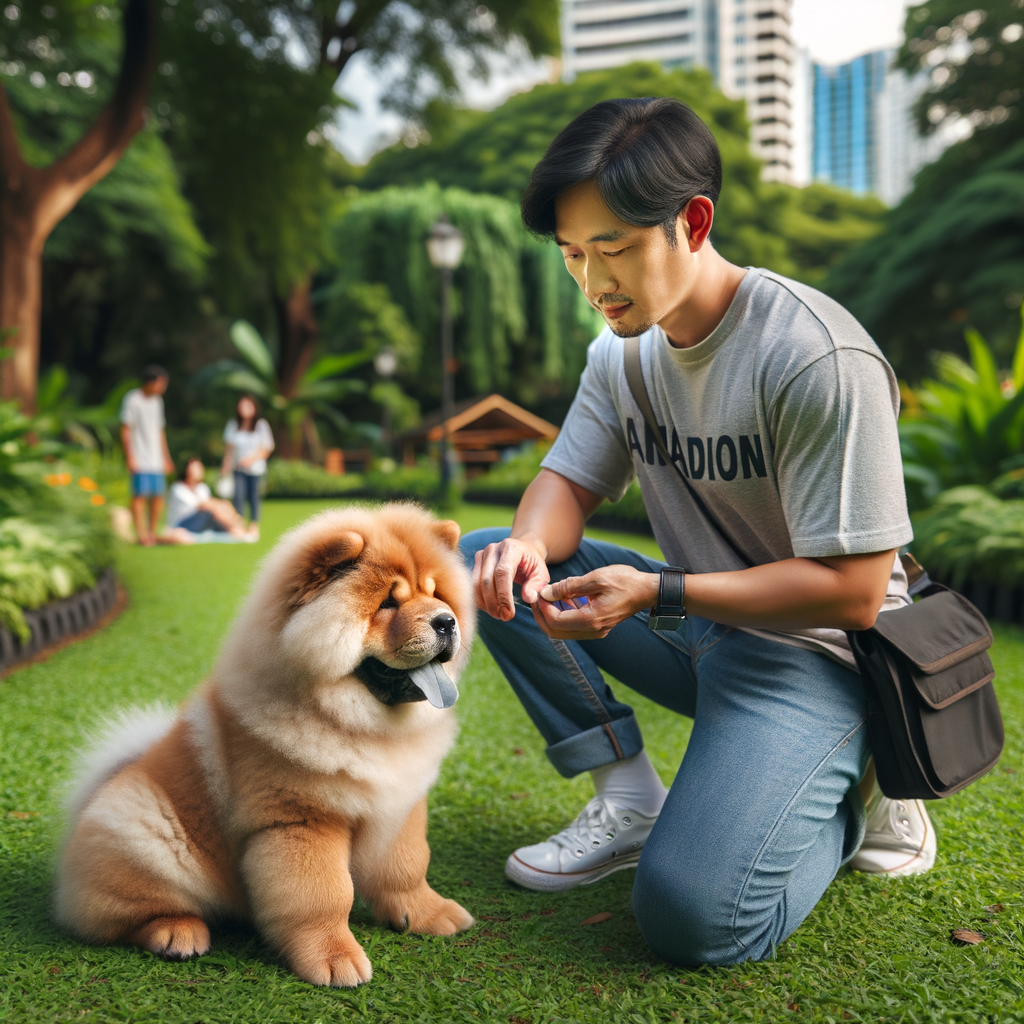 Professional dog trainer teaching Chow Chow training techniques and behavior modification in a park, illustrating essentials of dog training and managing Chow Chow behavior issues for a well-behaved puppy.