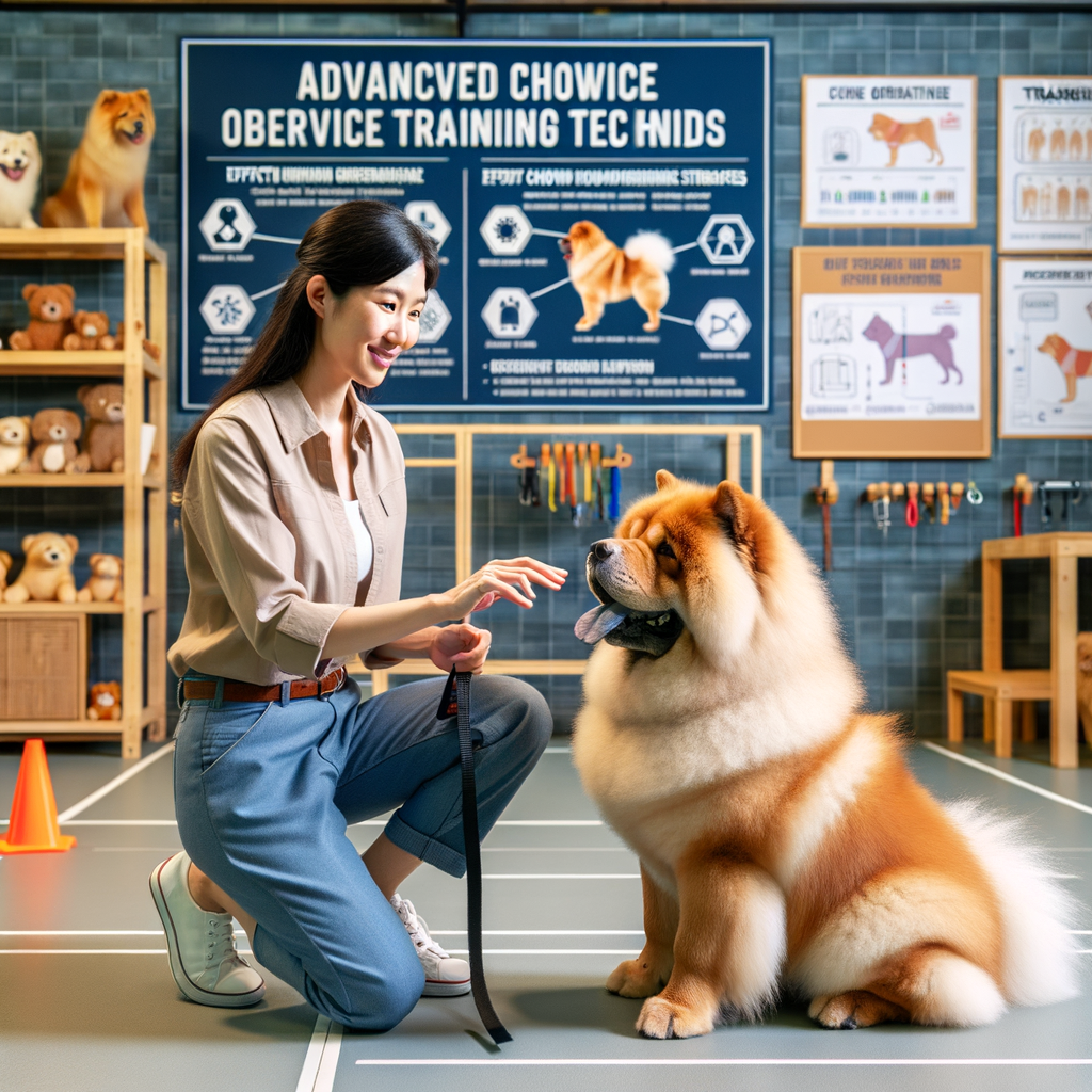 Professional dog trainer using advanced obedience training techniques and strategies with a well-behaved Chow Chow in a training facility, demonstrating effective Chow Chow behavior training methods and tips.