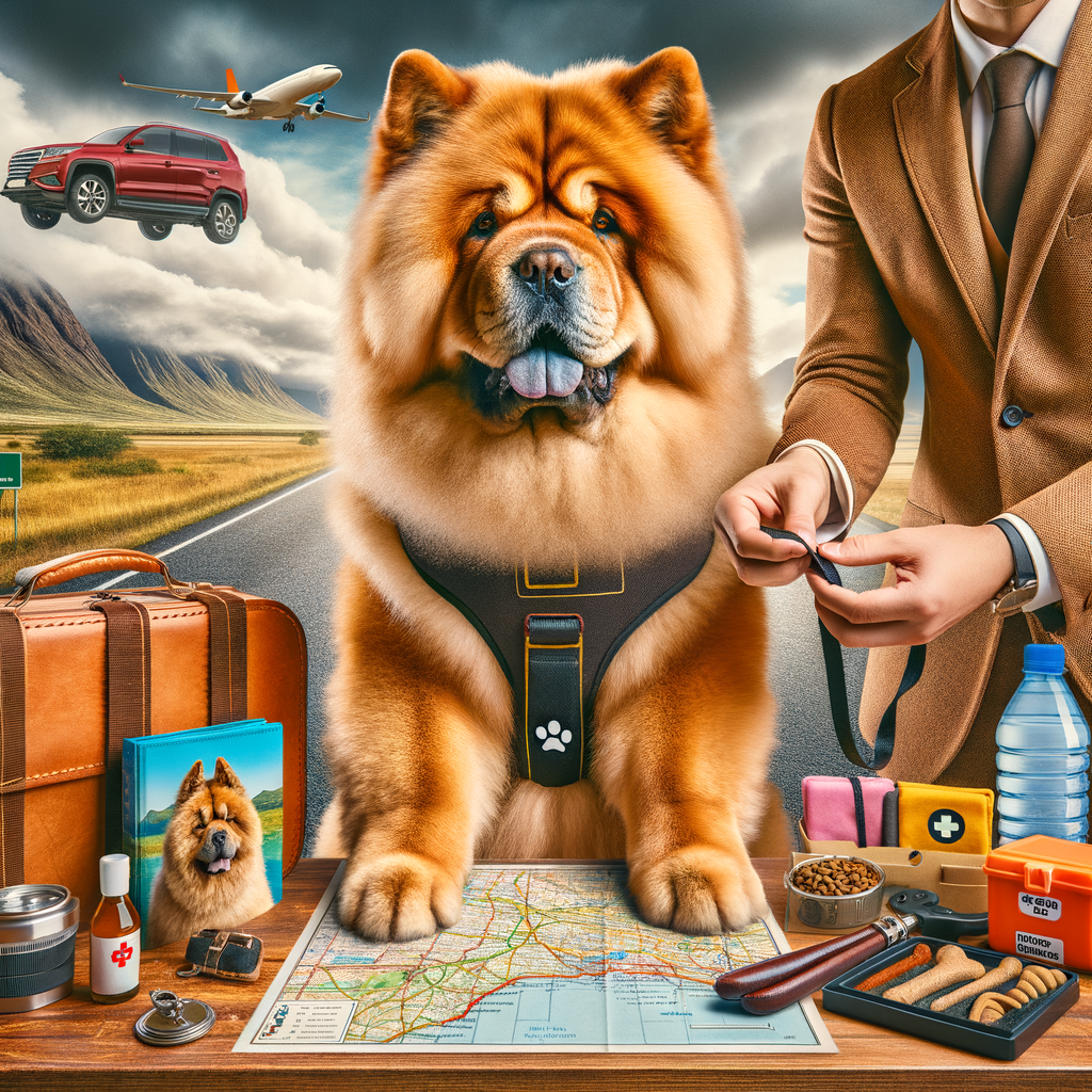 Chow Chow travel guide demonstrating road trip essentials for a successful journey, including a leash, food, water, and a first aid kit, providing valuable Chow Chow travel tips.