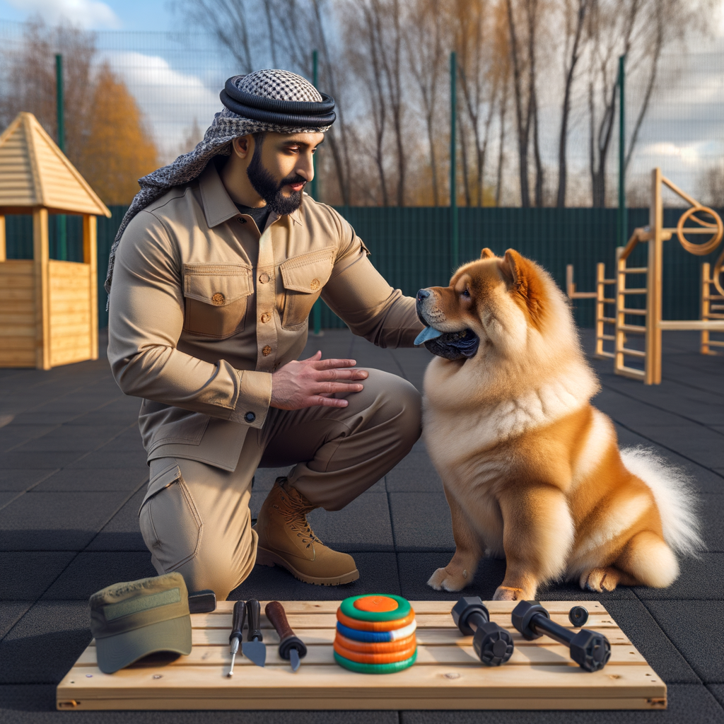 Professional dog trainer demonstrating Chow Chow communication tips, understanding Chow Chow behavior, and using training tools for effective interaction and understanding of Chow Chow body language and signals.