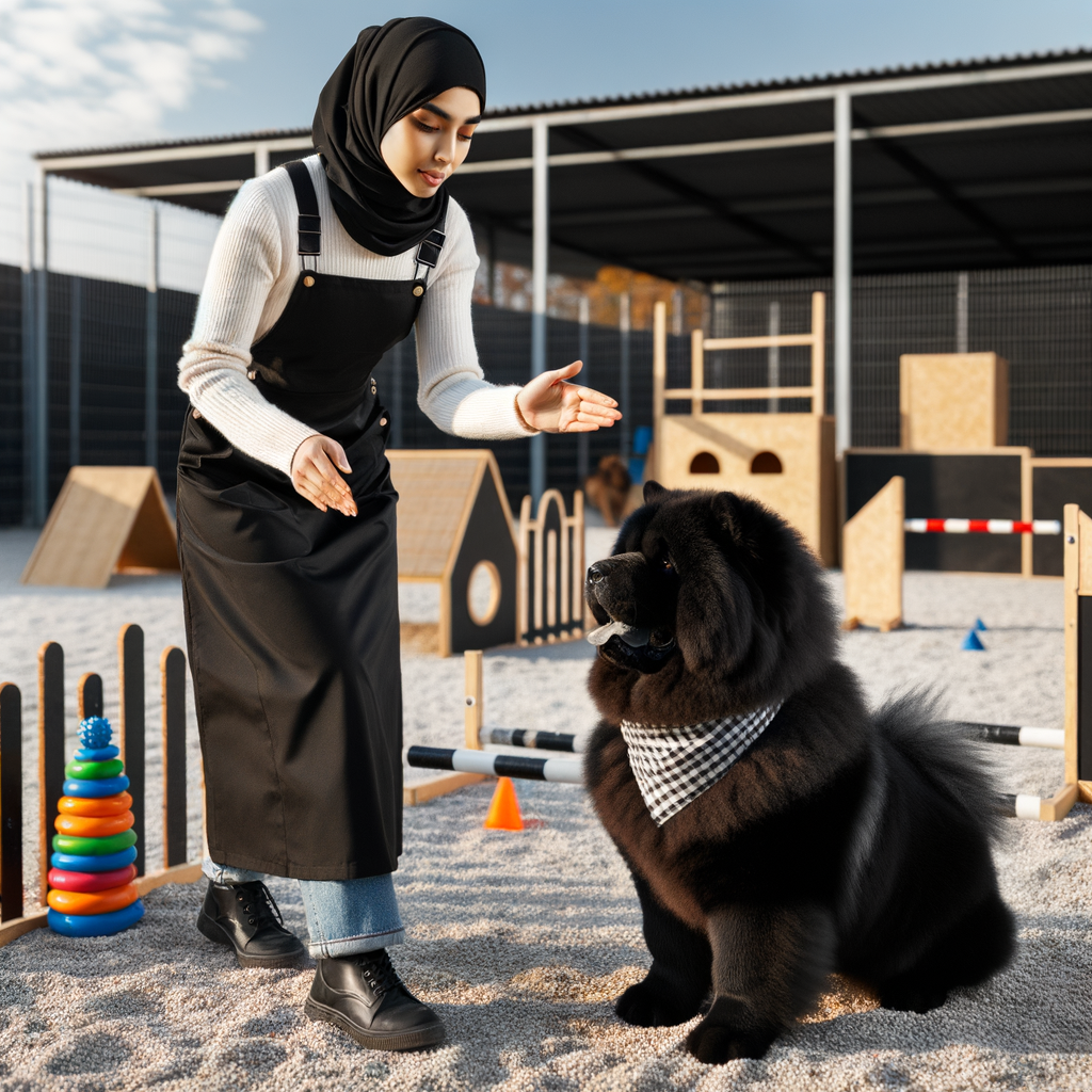 Professional dog trainer providing Chow Chow training tips and demonstrating dog show training techniques for Chow Chows in preparation for a dog show.