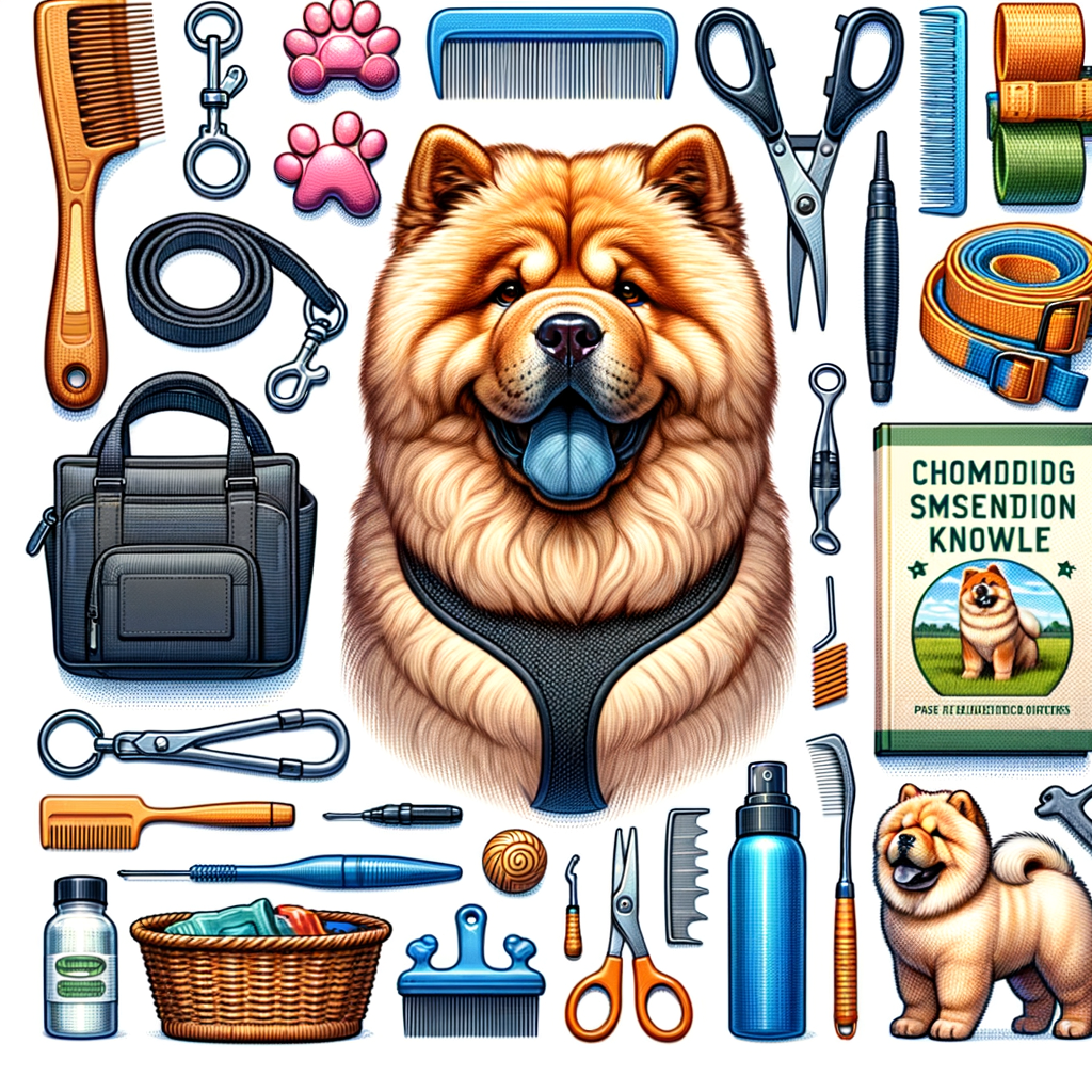 Essential Chow Chow accessories including a sturdy leash, comfortable harness, grooming tools, durable toys, and a comprehensive Chow Chow owner guide, showcasing must-have items for Chow Chow owners.