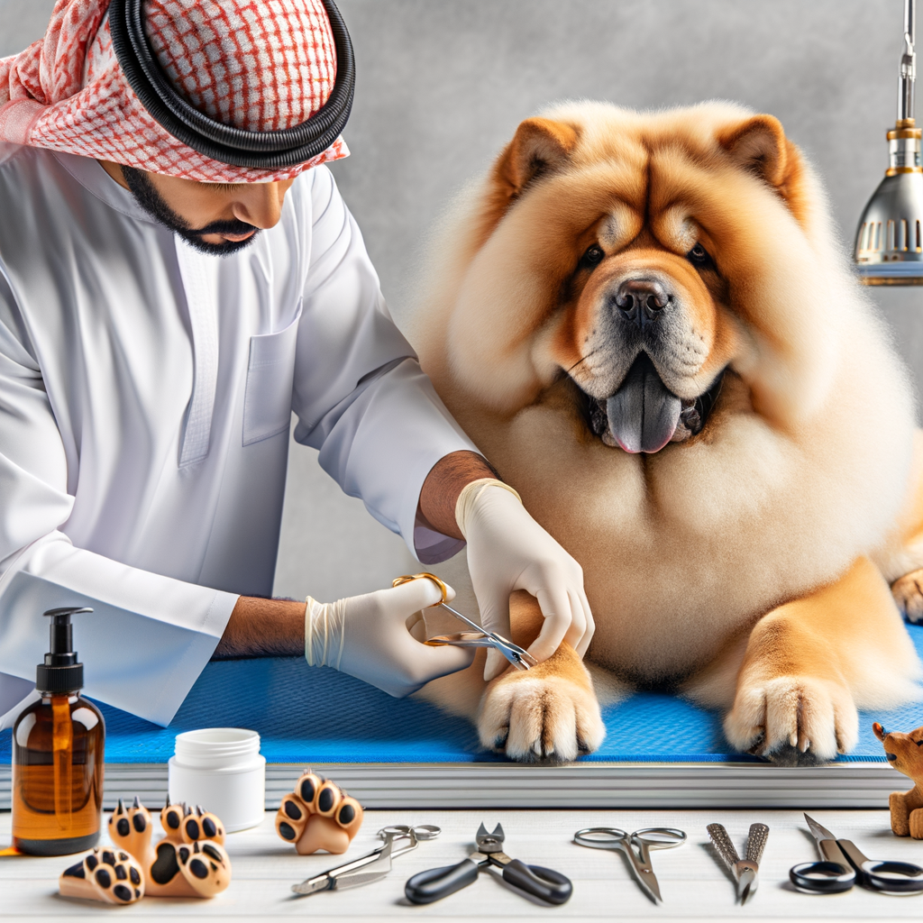 Professional dog groomer performing regular Chow Chow paw care, showcasing the importance of maintaining dog paw health and providing Chow Chow health tips using various dog grooming tools to prevent paw problems in dogs.