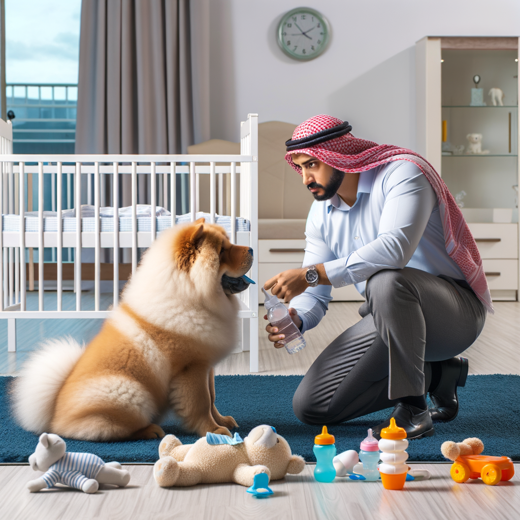 Professional dog trainer preparing a Chow Chow for a new sibling by introducing it to baby items, illustrating positive pet preparation and adjustment for a new family member
