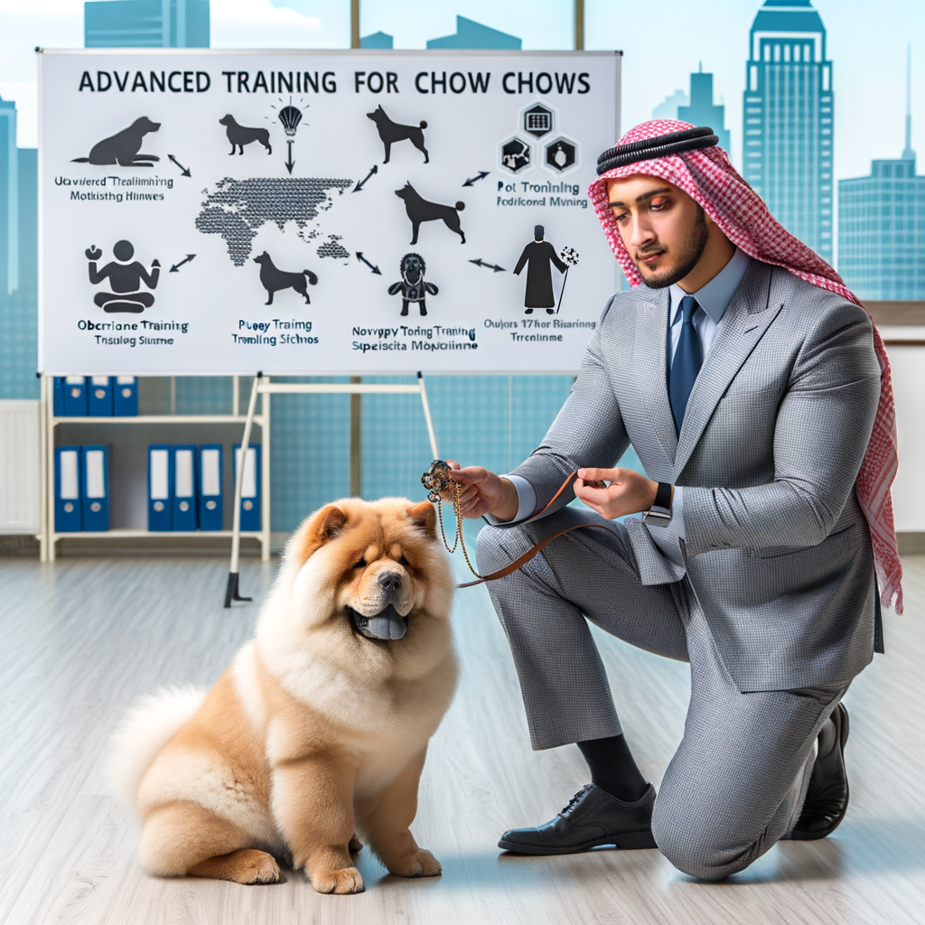 Professional dog trainer using innovative dog training techniques for advanced Chow Chow obedience training and puppy training in a modern facility, showcasing unique Chow Chow breed training methods.