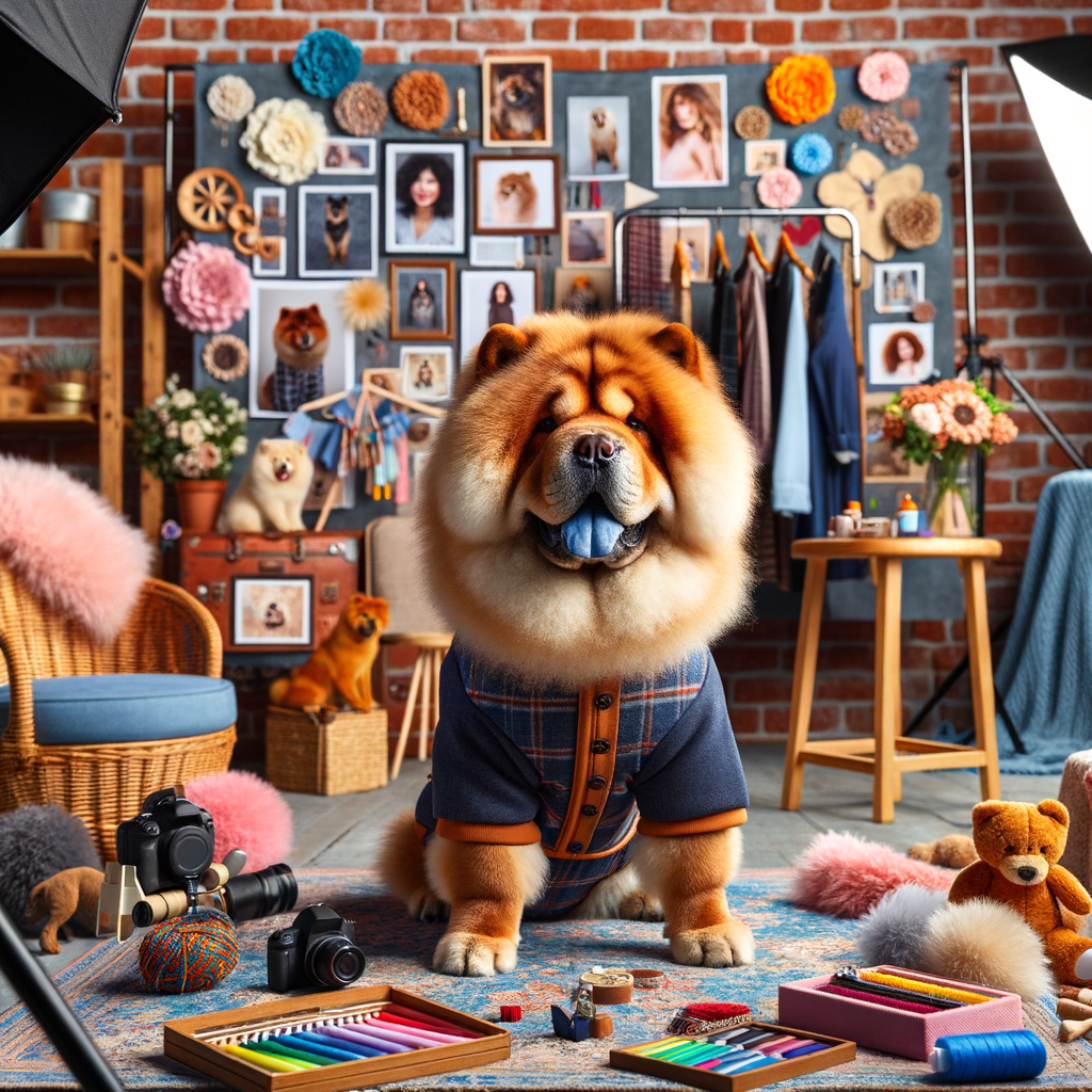 Professional Chow Chow photography setup with creative dog photoshoot themes, DIY props, and a beautifully decorated backdrop for unique Chow Chow photoshoot inspiration and pet photography tips.
