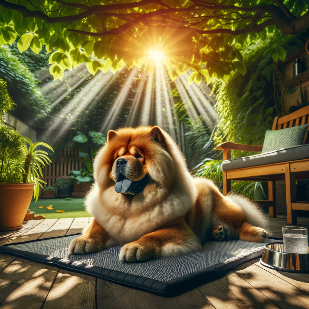 Chow Chow dog demonstrating summer safety by lounging on a cooling mat in a shaded garden, illustrating Chow Chow summer care, heat tolerance, and grooming techniques to prevent heatstroke.