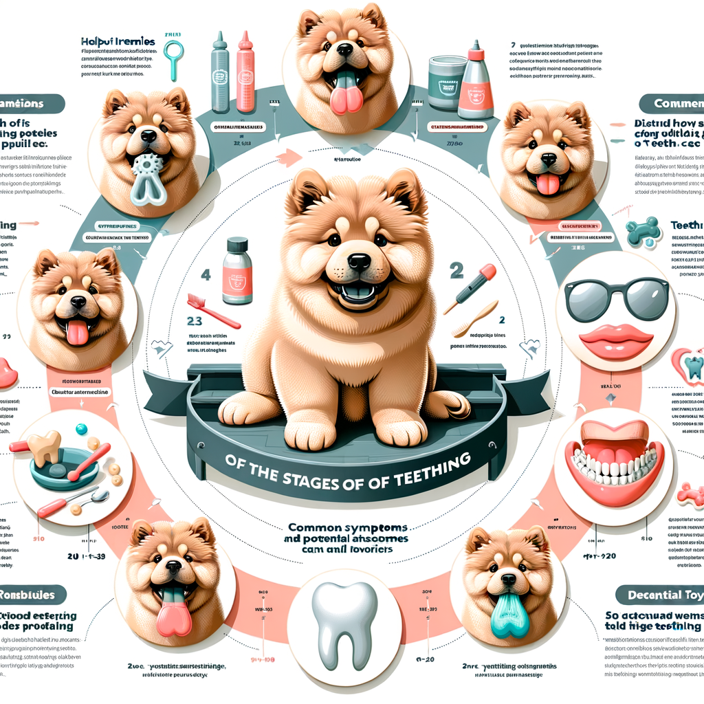 Infographic illustrating Chow Chow Puppy Teething Guide, highlighting teething stages, symptoms, problems, remedies, timeline, tips, recommended teething toys, and dental care for Chow Chow puppies.