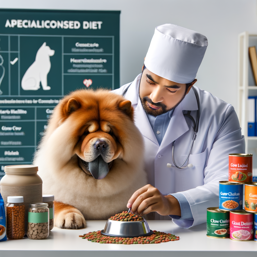 Veterinarian customizing a healthy Chow Chow diet for optimal health, with a variety of Chow Chow food customization options and a guidebook on Chow Chow health tips and best food choices in the background.