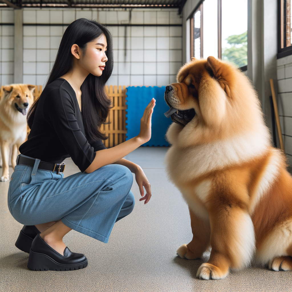 Professional dog trainer managing Chow Chow aggression and behavior problems using effective Chow Chow training and socialization techniques to improve Chow Chow temperament towards other dogs.