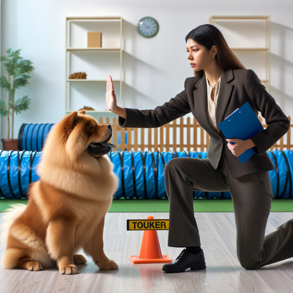 Professional dog trainer demonstrating Chow Chow obedience training techniques, addressing Chow Chow dominance and behavior issues, showcasing effective methods for dealing with Chow Chow aggression.