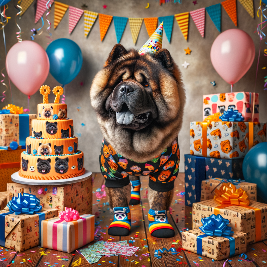 Stylish Chow Chow birthday party scene with a dressed-up Chow Chow eyeing a birthday cake, surrounded by unique party supplies and gifts, showcasing stylish dog birthday party and pet birthday celebration ideas.
