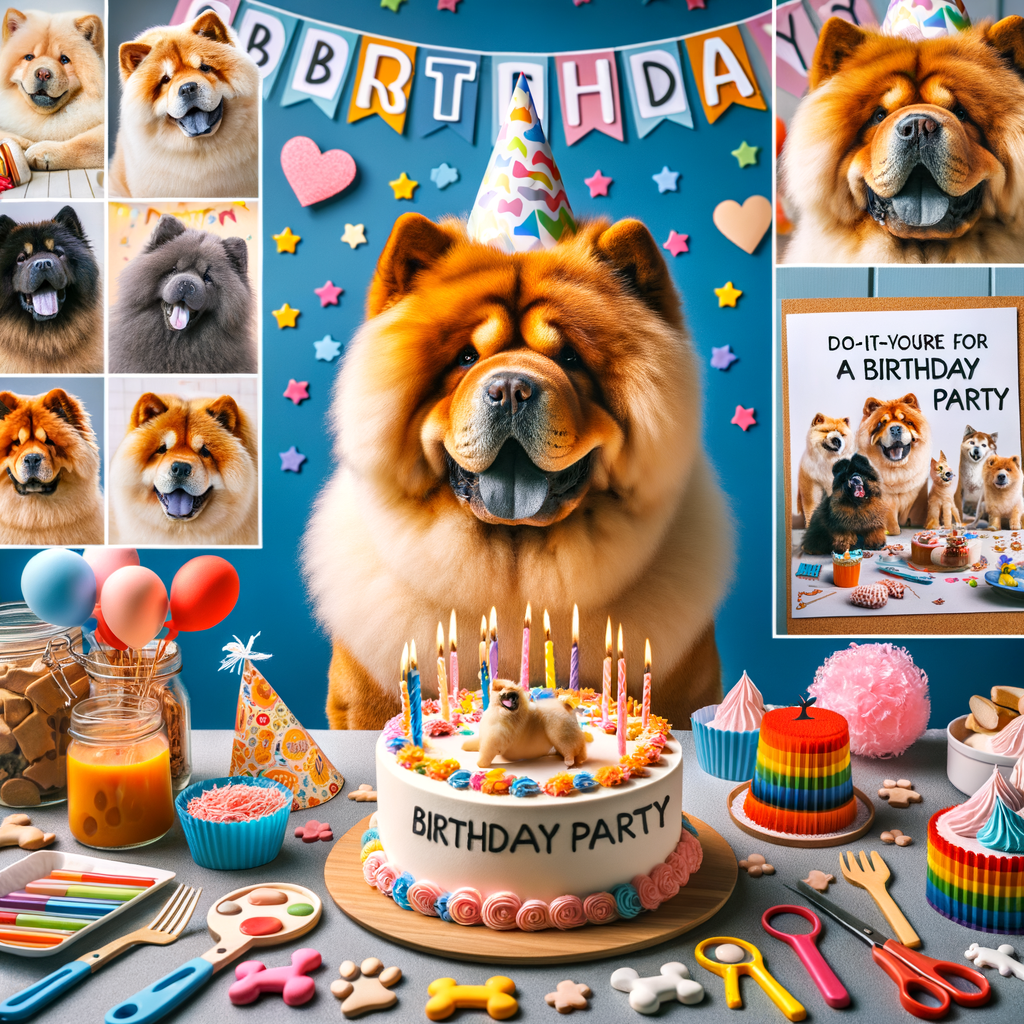Chow Chow birthday celebration with a happy Chow Chow in a party hat, Chow Chow-themed cake, and DIY dog birthday party setup, providing pet birthday celebration and Chow Chow party ideas for dog birthday party planning.