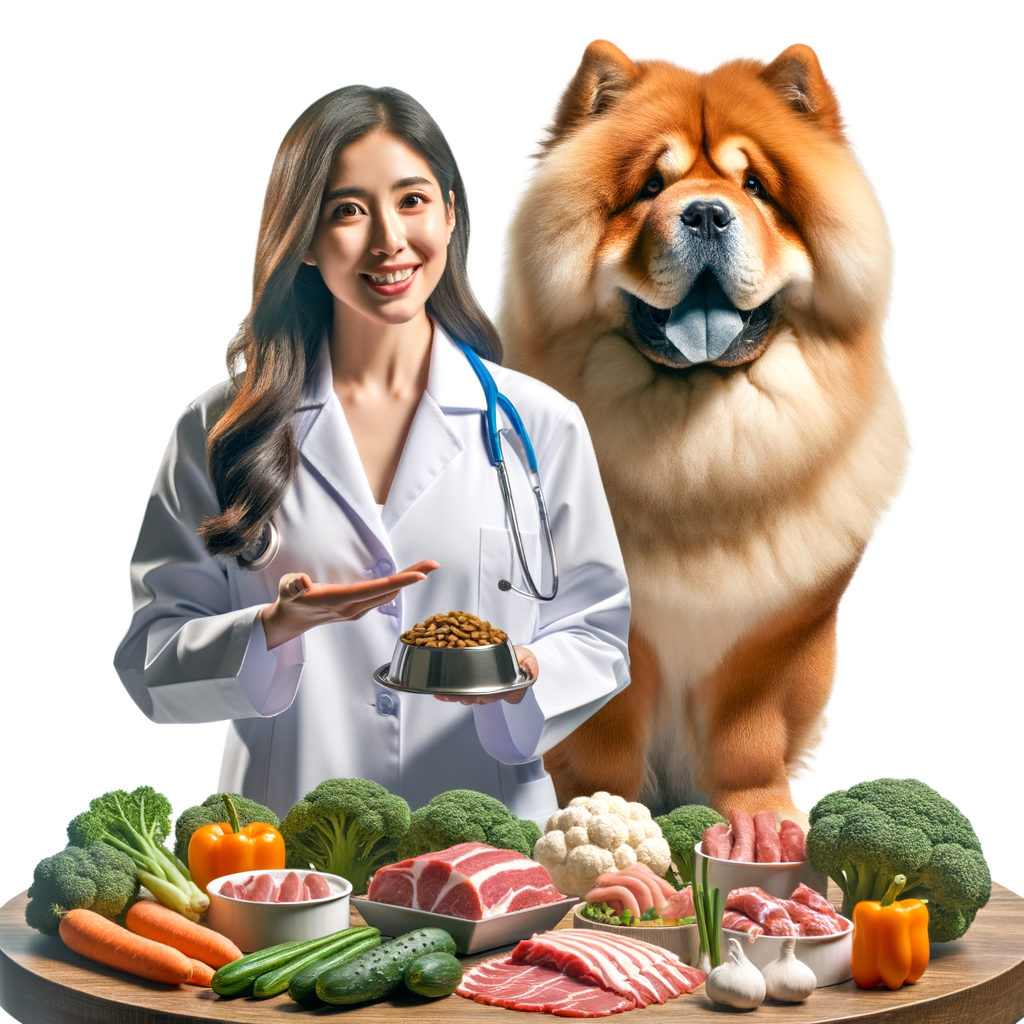Veterinarian presenting nutritious foods for a healthy Chow Chow diet, including Chow Chow food recommendations, highlighting the benefits of optimal Chow Chow nutrition for health.