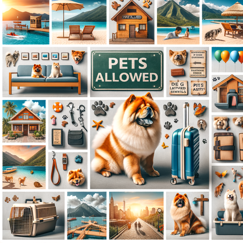 Collage of best Chow Chow friendly vacation spots including beach resorts, mountain cabins, and city parks with travel essentials for Chow Chow owners, providing travel tips and advice for the perfect pet-friendly holiday.