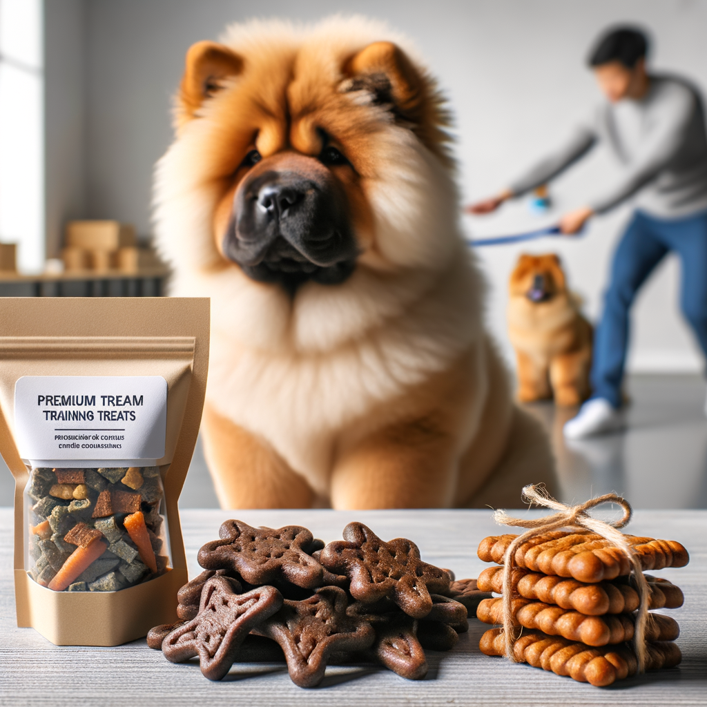 Chow Chow puppy undergoing obedience training with best dog treats for Chow Chows, showcasing a variety of high-quality Chow Chow training treats on a table, highlighting healthy options and best Chow Chow training methods.