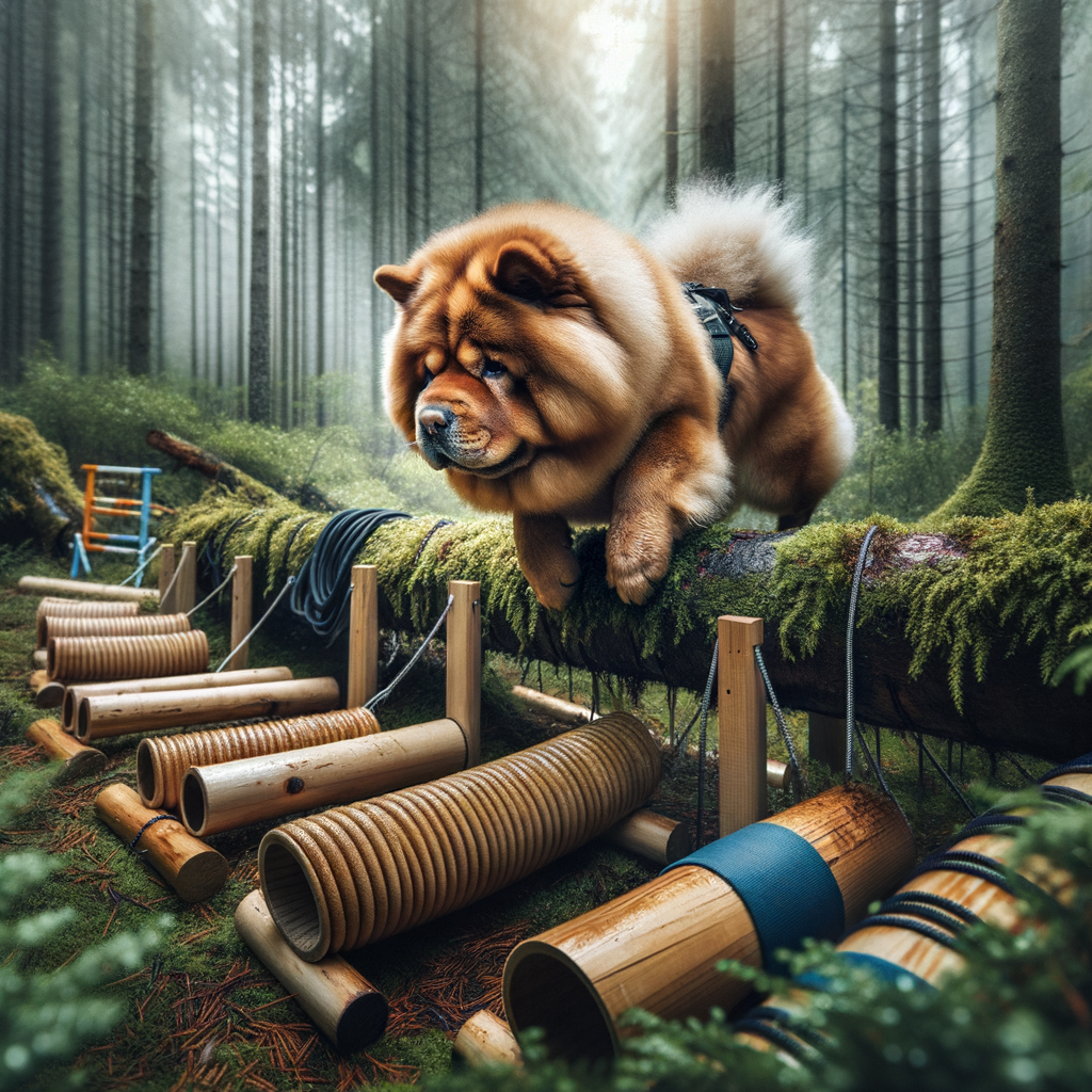 Chow Chow undergoing search and rescue dog training in a forest, demonstrating techniques for preparing a Chow Chow for rescue operations.