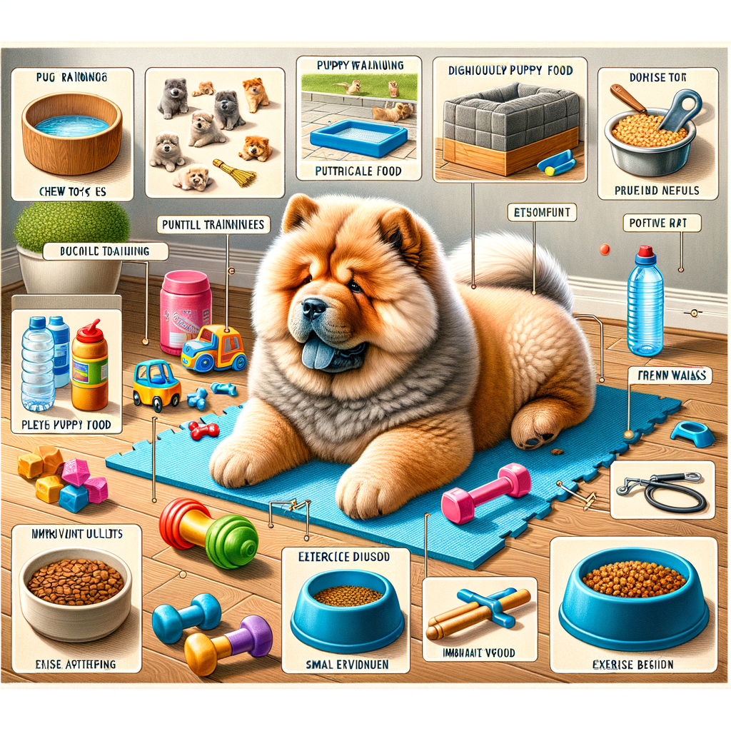 Comprehensive guide to Chow Chow puppy care, showcasing home adaptation, puppy-proofing, training tools, balanced diet, exercise equipment, and understanding Chow Chow puppy behavior and needs for successful raising.
