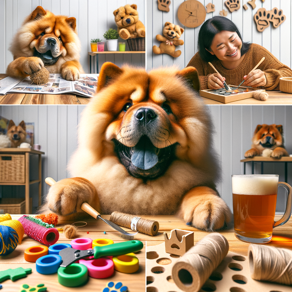 Chow Chow dog enjoying fun DIY projects, including homemade toys and engaging activities, showcasing the joy of DIY dog activities for pets and owners.