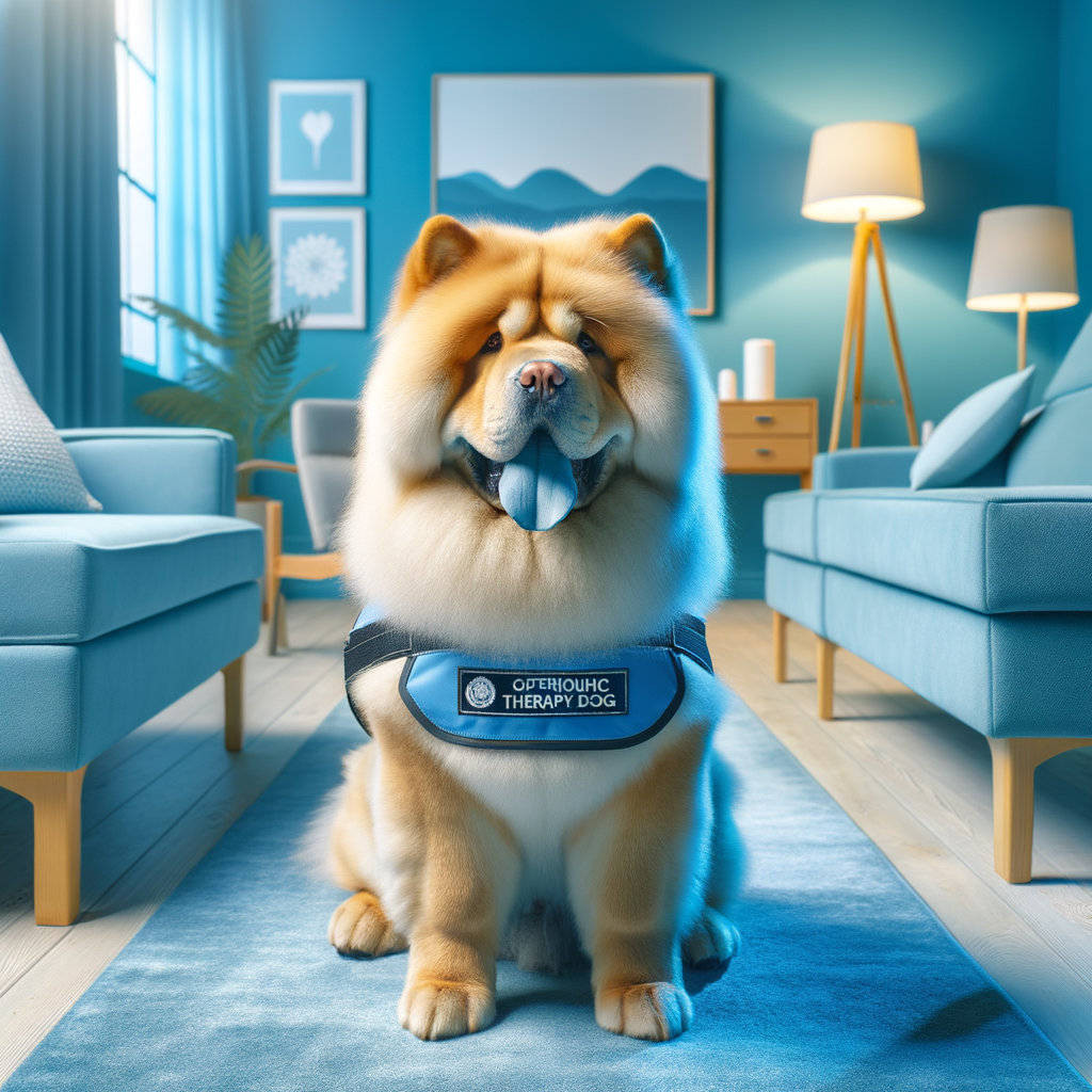 Chow Chow therapy dog in vest, showcasing the therapeutic benefits and role of Chow Chows in mental health and therapy settings as trained emotional support animals.