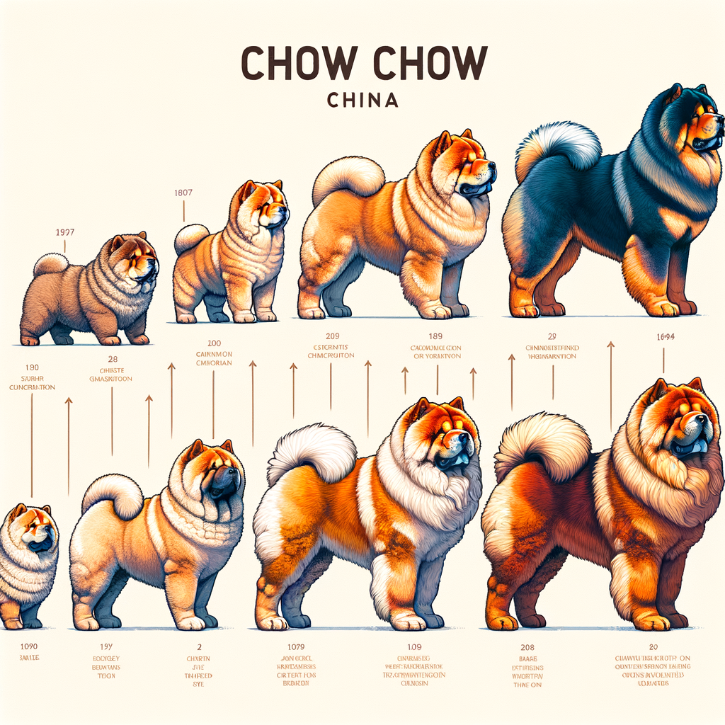Visual timeline illustrating the Chow Chow breed history, showcasing the origin of Chow Chow in China, evolution of the breed, and fascinating facts about the Chow Chow dog breed history.