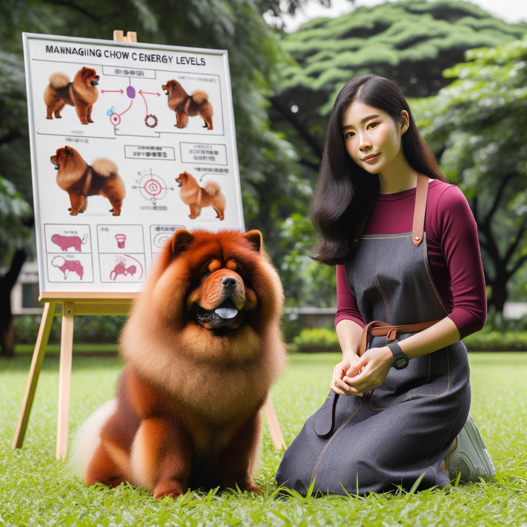 Professional dog trainer demonstrating Chow Chow energy management and exercise routine in a park, providing training tips, diet and behavior management advice for maintaining and controlling Chow Chow energy levels.