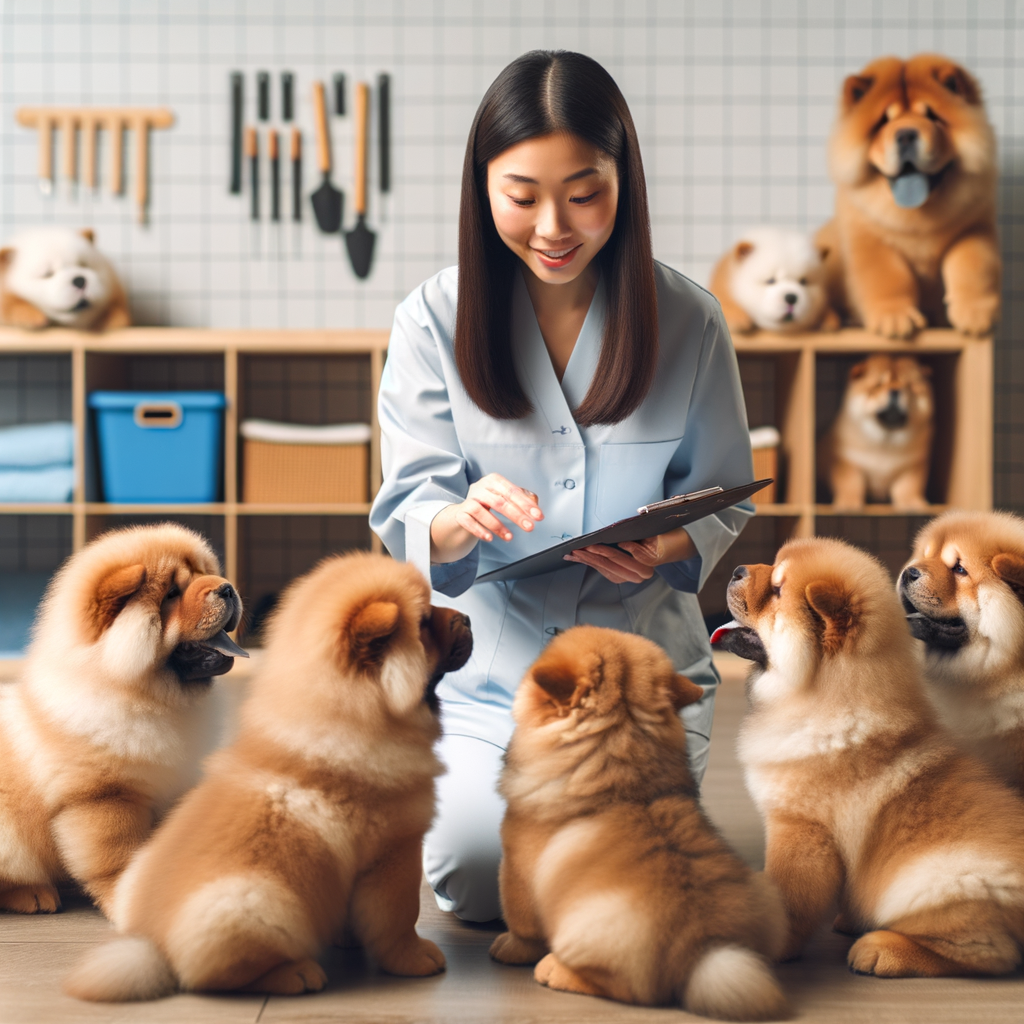 Professional dog trainer teaching early training techniques to attentive Chow Chow puppies in a socialization class, highlighting the importance of socializing dogs and the benefits of early socialization on Chow Chow behavior.