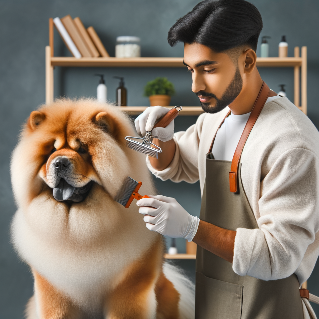 Professional groomer demonstrating Chow Chow coat care techniques for maintaining healthy Chow Chow fur, with a book 'Chow Chow Fur Care Tips' in the background, showcasing secrets to a glossy Chow Chow coat health and grooming tips.