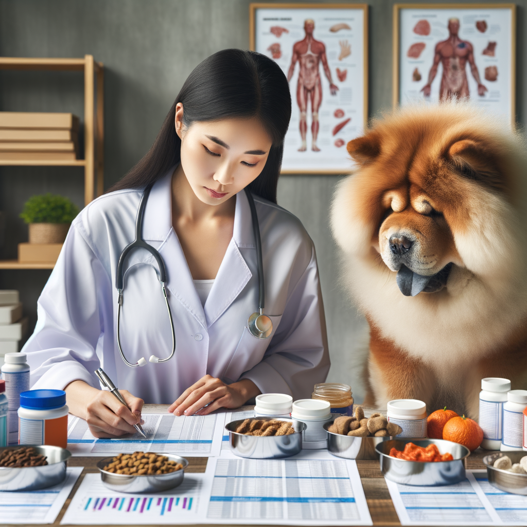 Vet examining Chow Chow nutrition charts and high-quality dog food for a balanced diet, with a well-groomed Chow Chow waiting for its meal, highlighting the importance of a healthy diet and best food for Chow Chow's dietary needs.
